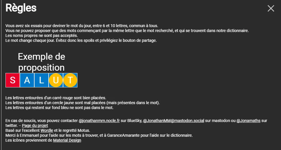 Explication des codes couleur du jeu SUTOM : rouge, jaune et bleu.